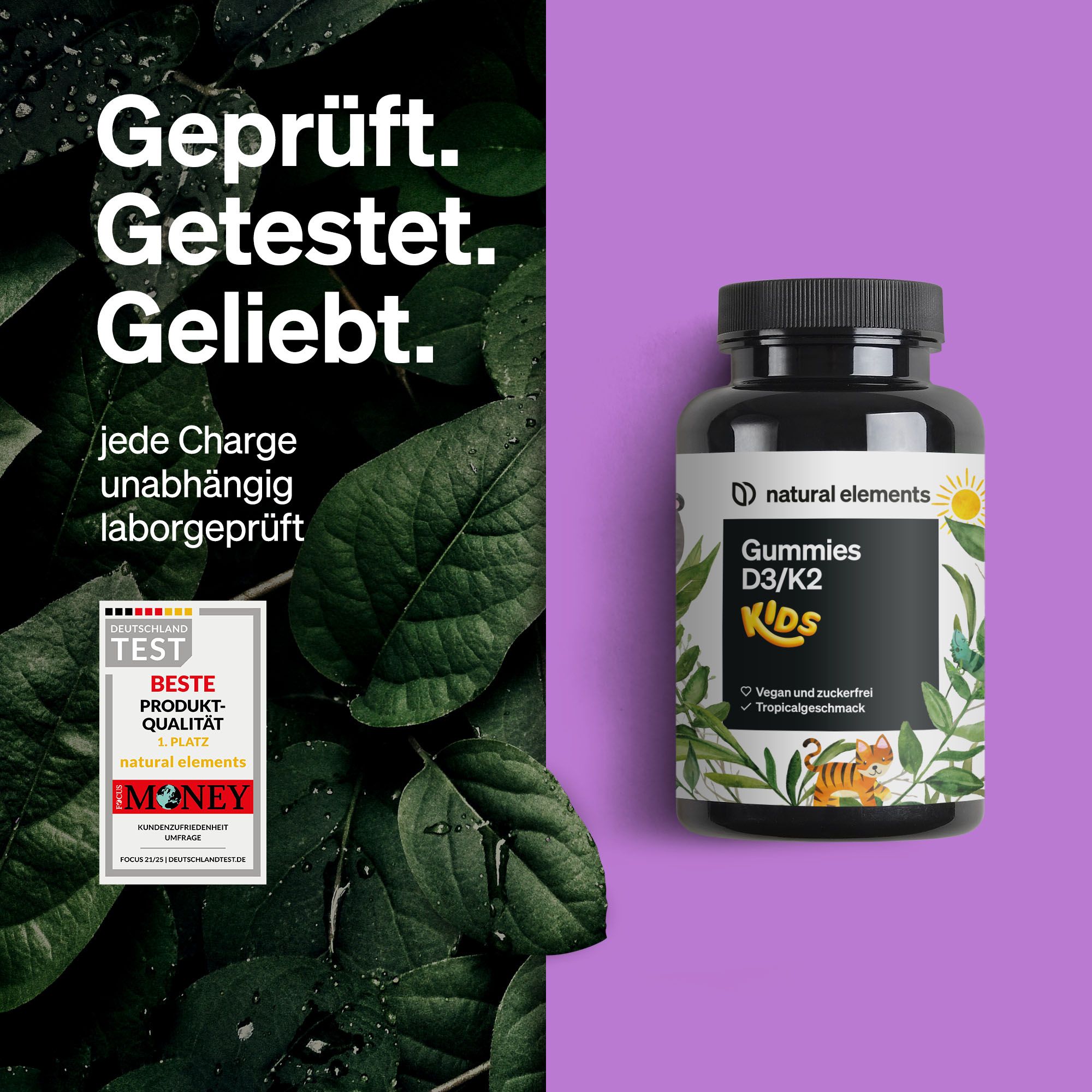 Flasche Vitamin D3/K2 Gummies KIDS. Text: Geprüft. Getestet. Geliebt. iMoney-Siegel.