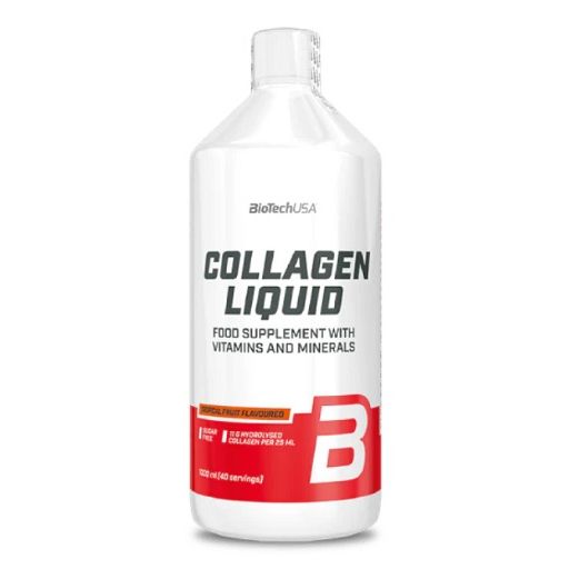 Weiße Flasche Collagen Liquid von BiotechUSA. Roter Streifen mit Produktnamen und Inhaltsangaben. Tropische Frucht Aromen.