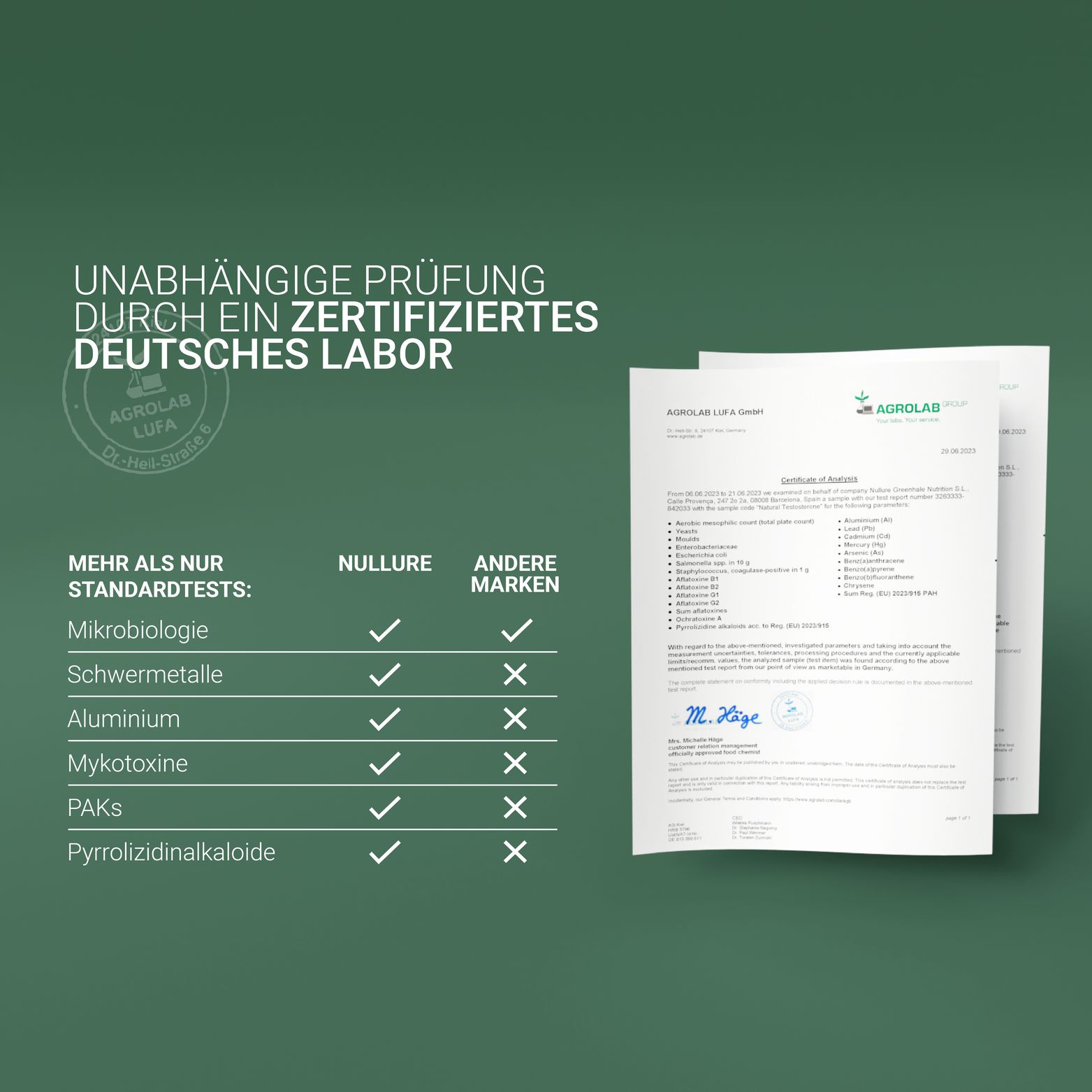 Zertifizierungsdokumente von Agrolab. Bestätigung der Prüfung auf Schwermetalle, Aluminium, Mykotoxine, PAKs und Pyrrolizidinalkaloide.