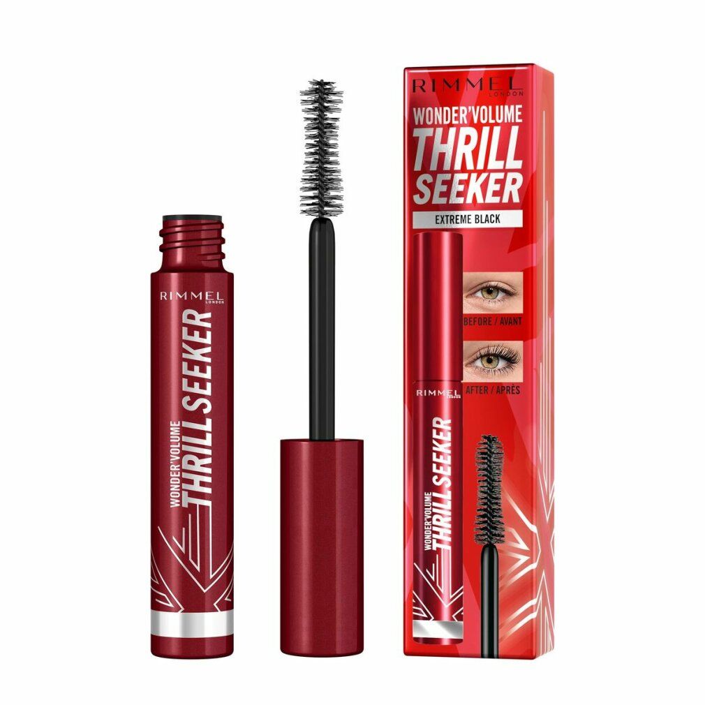 Rimmel London Mascara. Rote Hülse und Verpackung. Aufschrift: Wonder Volume Thrill Seeker Extreme Black. Bürste sichtbar.