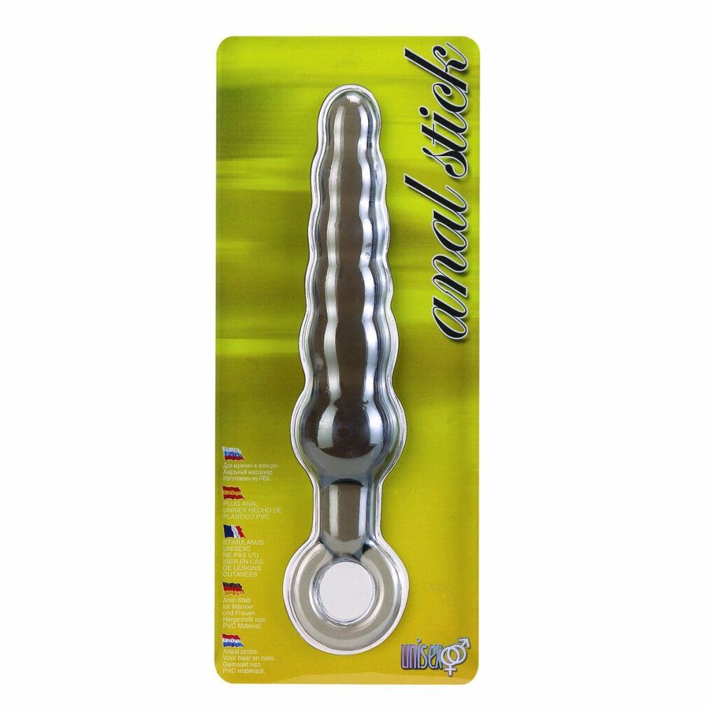 Anal-Stick in Verpackung. Zylindrische Form mit geriffelter Oberfläche. Produktname 'anal stick' auf der Verpackung.