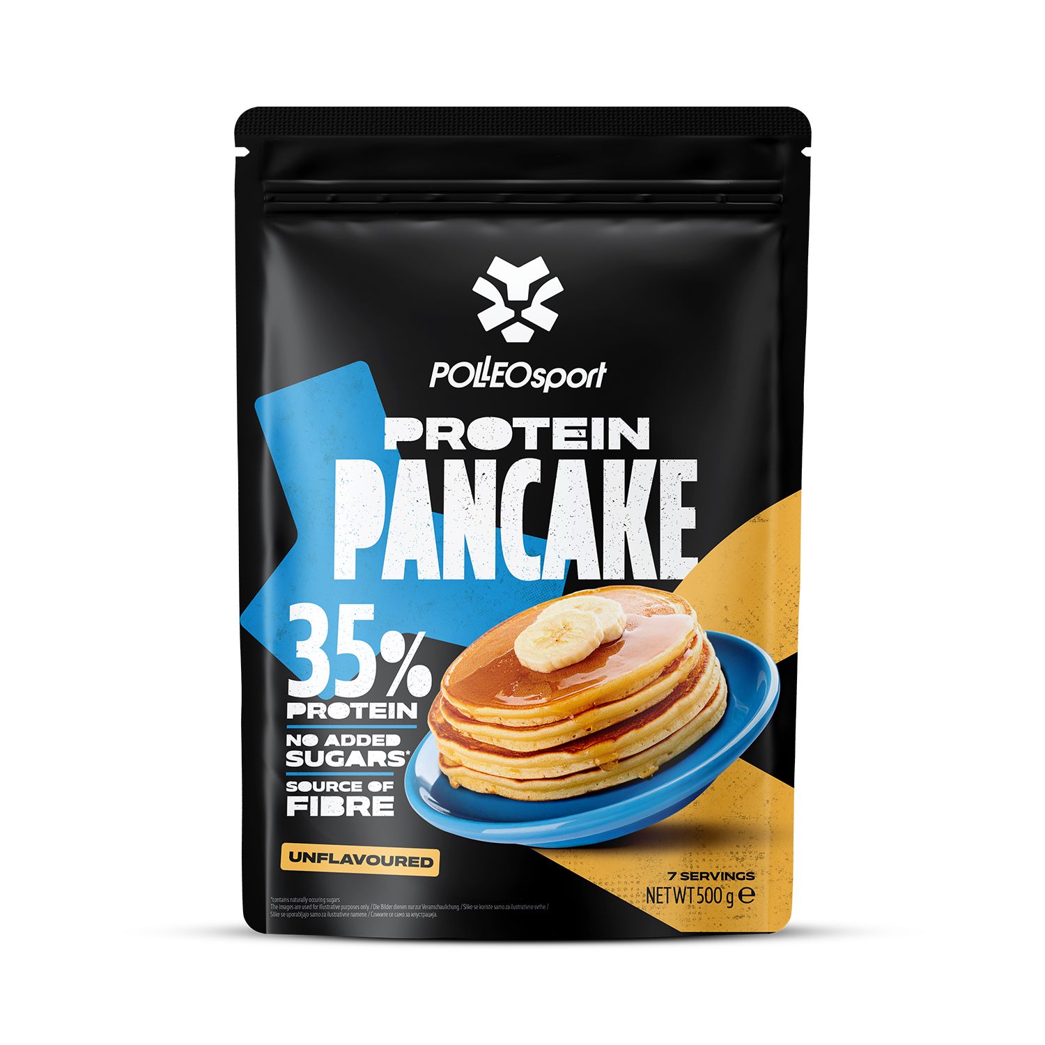 Polleo Sport Protein Pancake Mix. Schwarze Verpackung mit Text: 35% Protein, ohne Zuckerzusatz, Quelle für Ballaststoffe, Unflavoured, 7 Portionen.