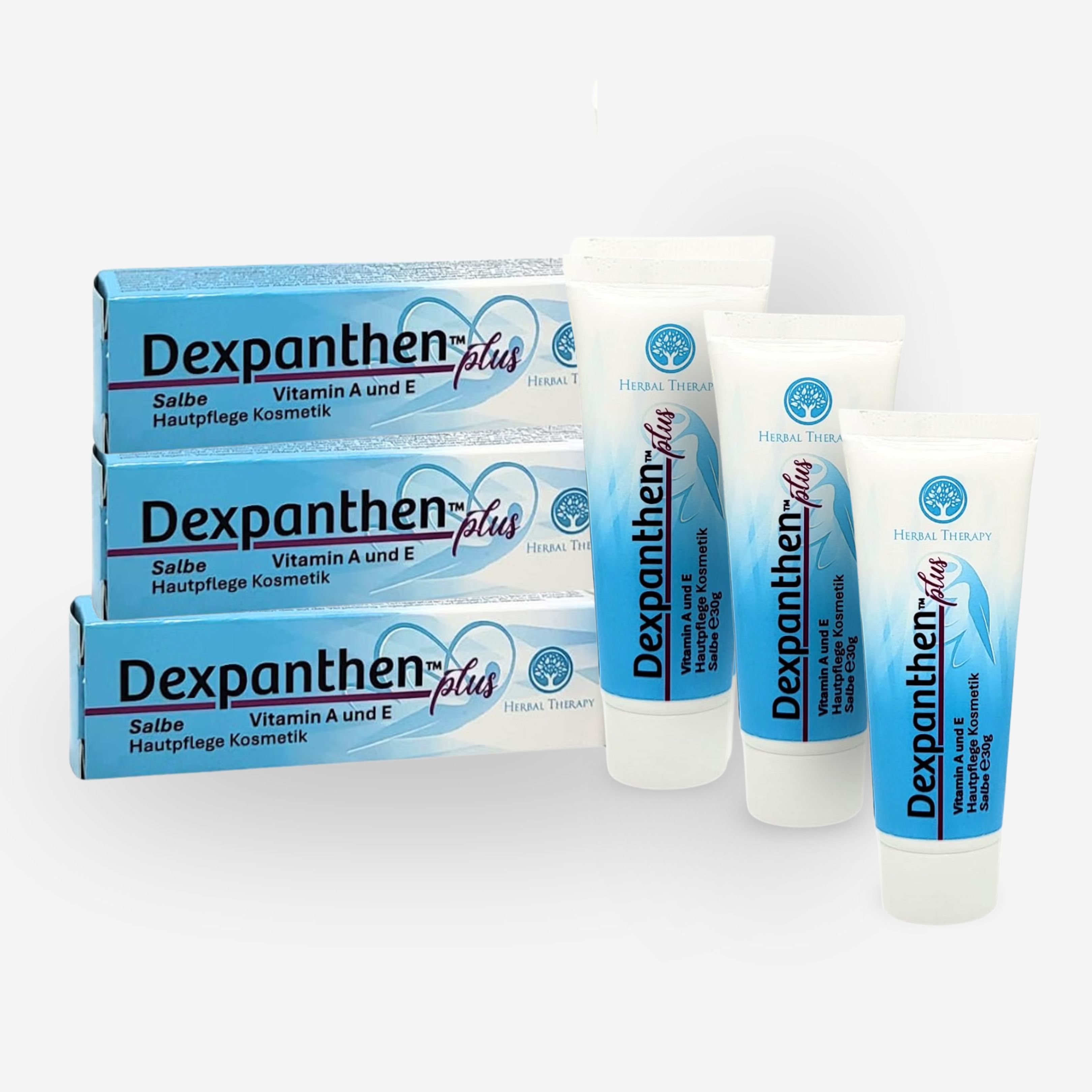 Drei Schachteln Dexpanthenol Plus und vier Tuben Dexpanthenol Plus.