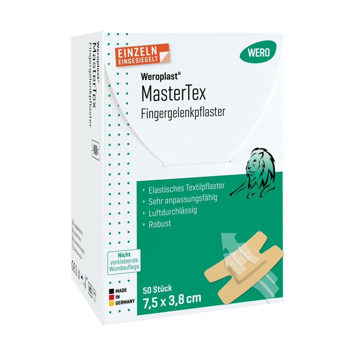 WERO MasterTex Fingergelenkpflaster Packung, 50 Stück, 7,5 x 3,8 cm. Hergestellt in Deutschland.