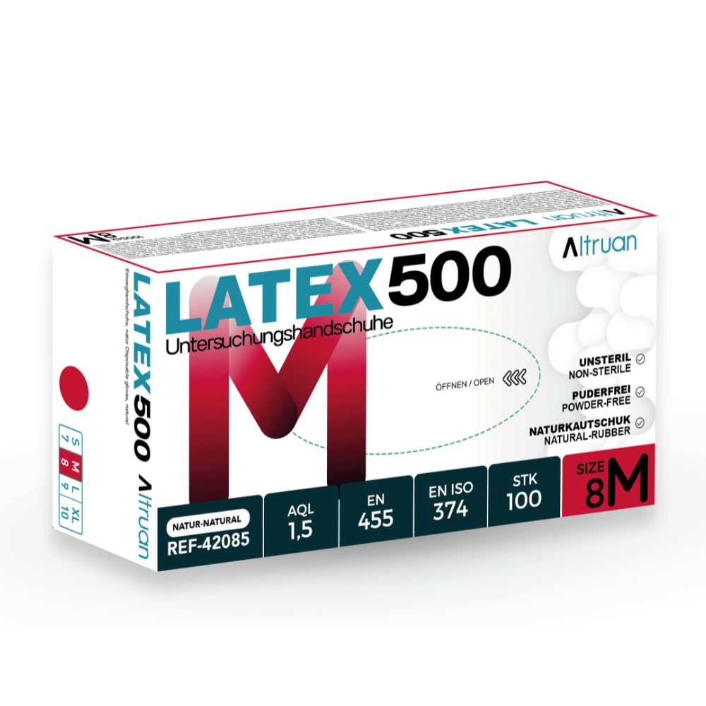 Verpackung mit Handschuhen. Aufschrift: LATEX 500, Größe M, 100 Stück, Naturkautschuk. Marke: Altruan. Zertifizierungen: EN 455, EN ISO 374.