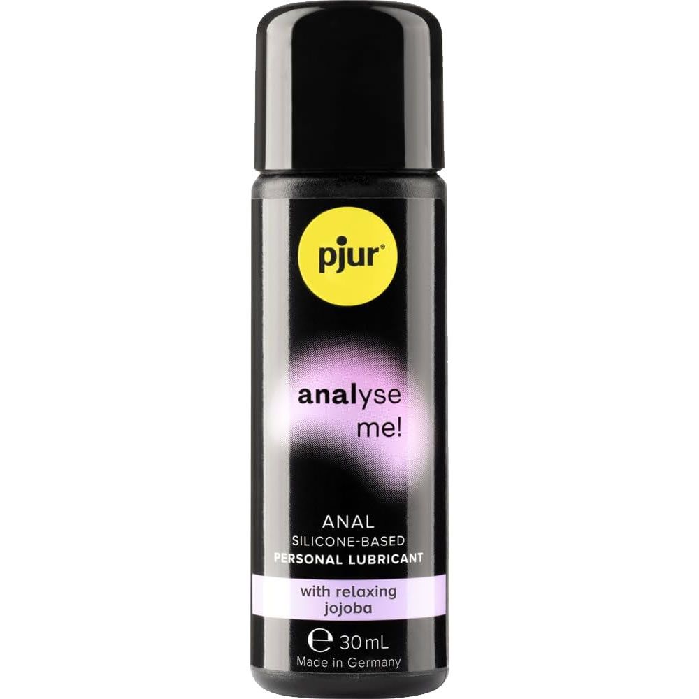 Körperpflegeprodukt. Flasche mit schwarzem Deckel. Aufschrift: pjur, analyse me!, Anal, Personal Lubricant, Jojoba. 30ml.