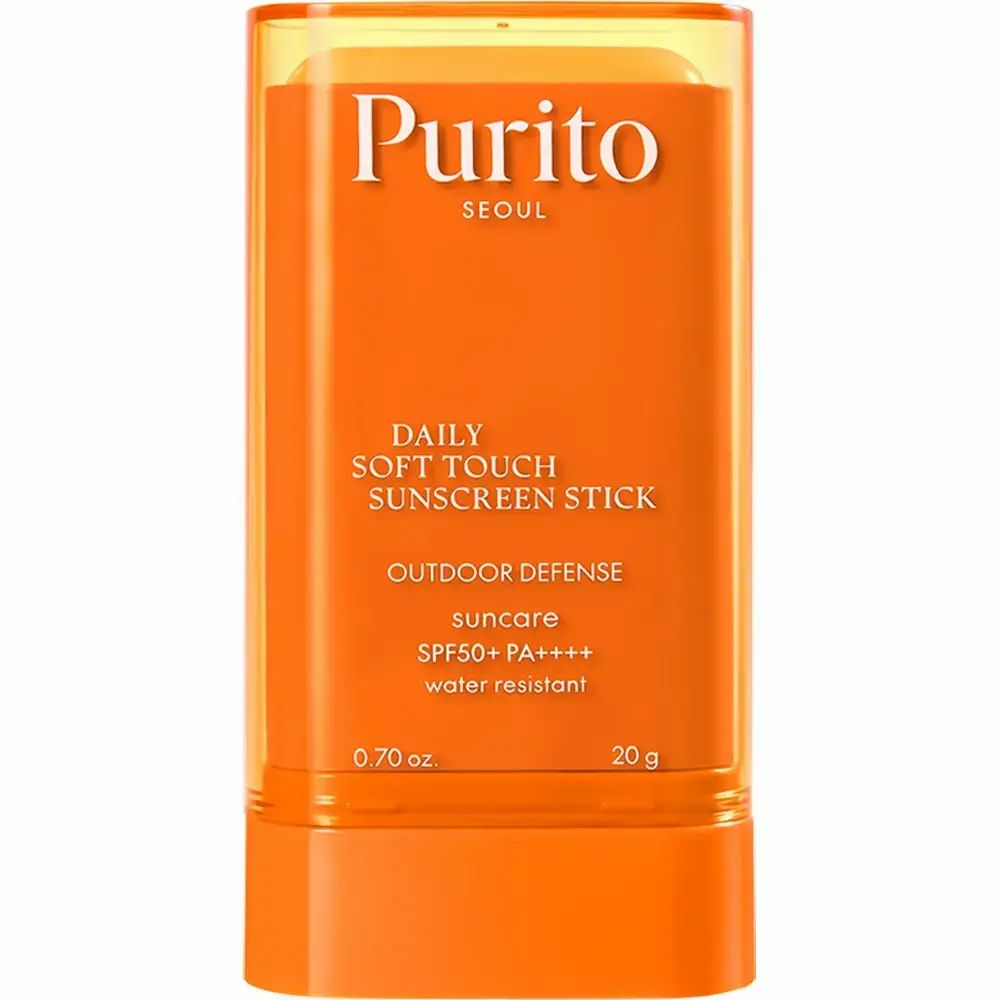 Orangefarbener Sonnenschutz-Stick mit weißem Deckel. Text: Purito, Daily Soft Touch Sunscreen Stick, SPF50+ PA++++, 0.70 oz, 20 g.