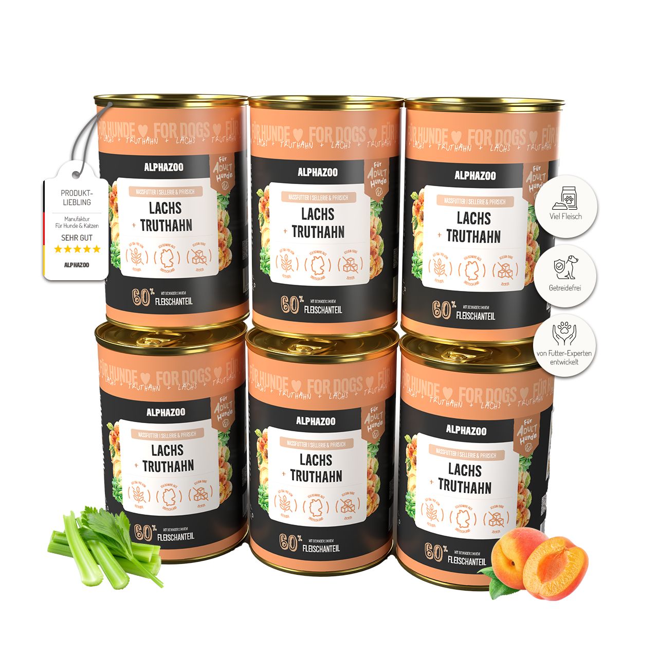 Mehrere Dosen Nassfutter für Hunde, mit Lachs und Truthahn. Aufschrift: ALPHAZOO. Mit Aprikosen und Sellerie.