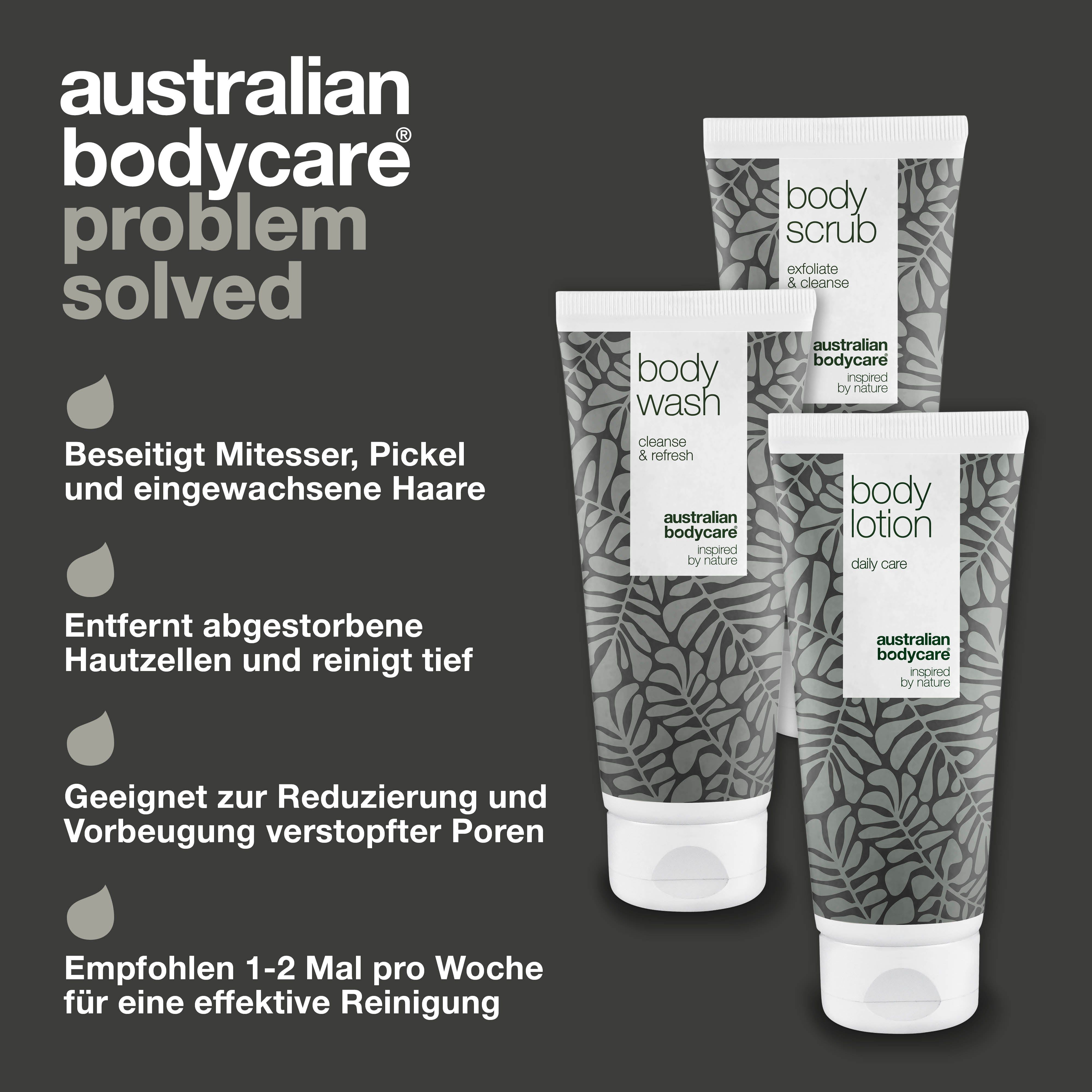 Drei Tuben „Body Wash“, „Body Scrub“ und „Body Lotion“. Zitat und Sternebewertung. „Australian Bodycare“.