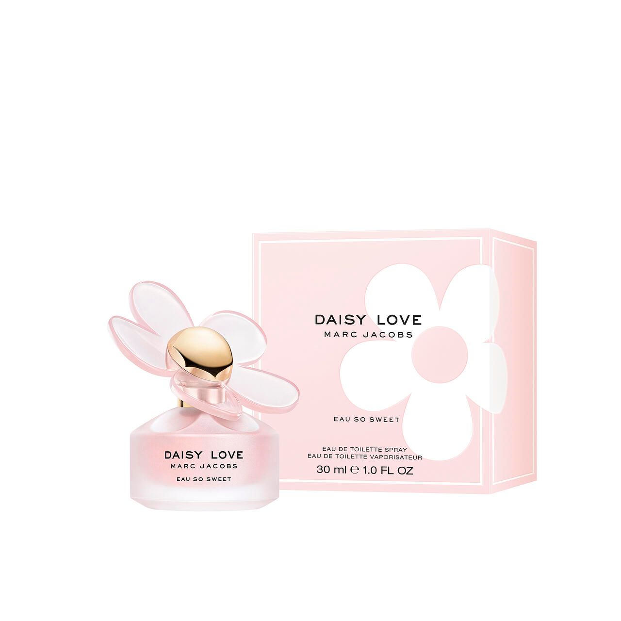 Rosa Schachtel und Flakon. Flakon mit goldfarbenem Verschluss und Blüten-Applikation. Aufschrift: Daisy Love Eau So Sweet.