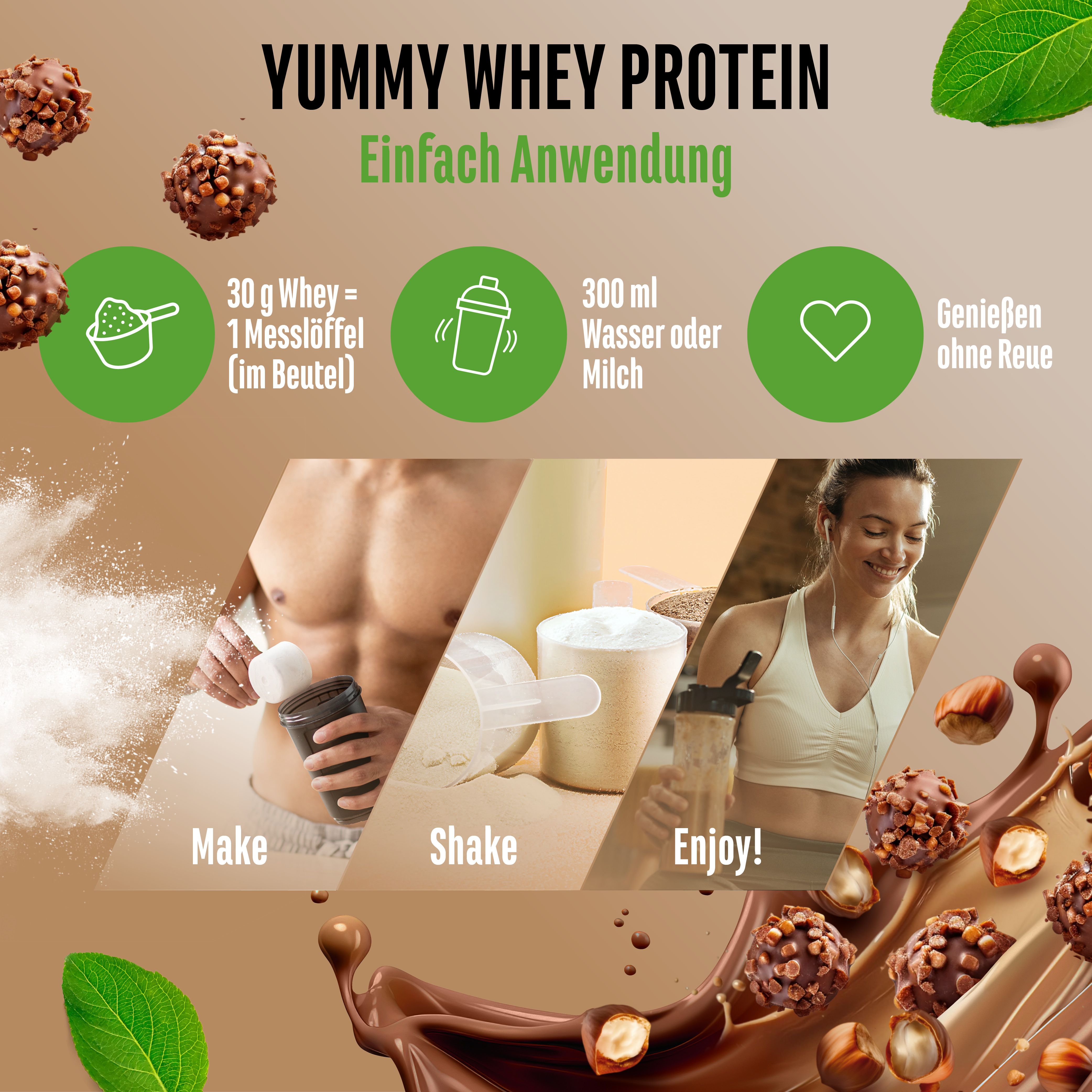 Anwendungshinweise für "Yummy Whey Protein". Schritte: Zubereitung, Shaken, Genießen. Abgebildet: Mann, Shaker, Frau.