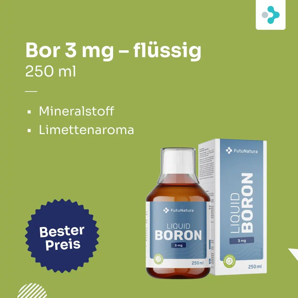 Flasche und Schachtel FutuNatura Liquid Boron. Text: Bor 3 mg - flüssig, 250 ml. Aufschrift: Mineralstoff, Limettenaroma.