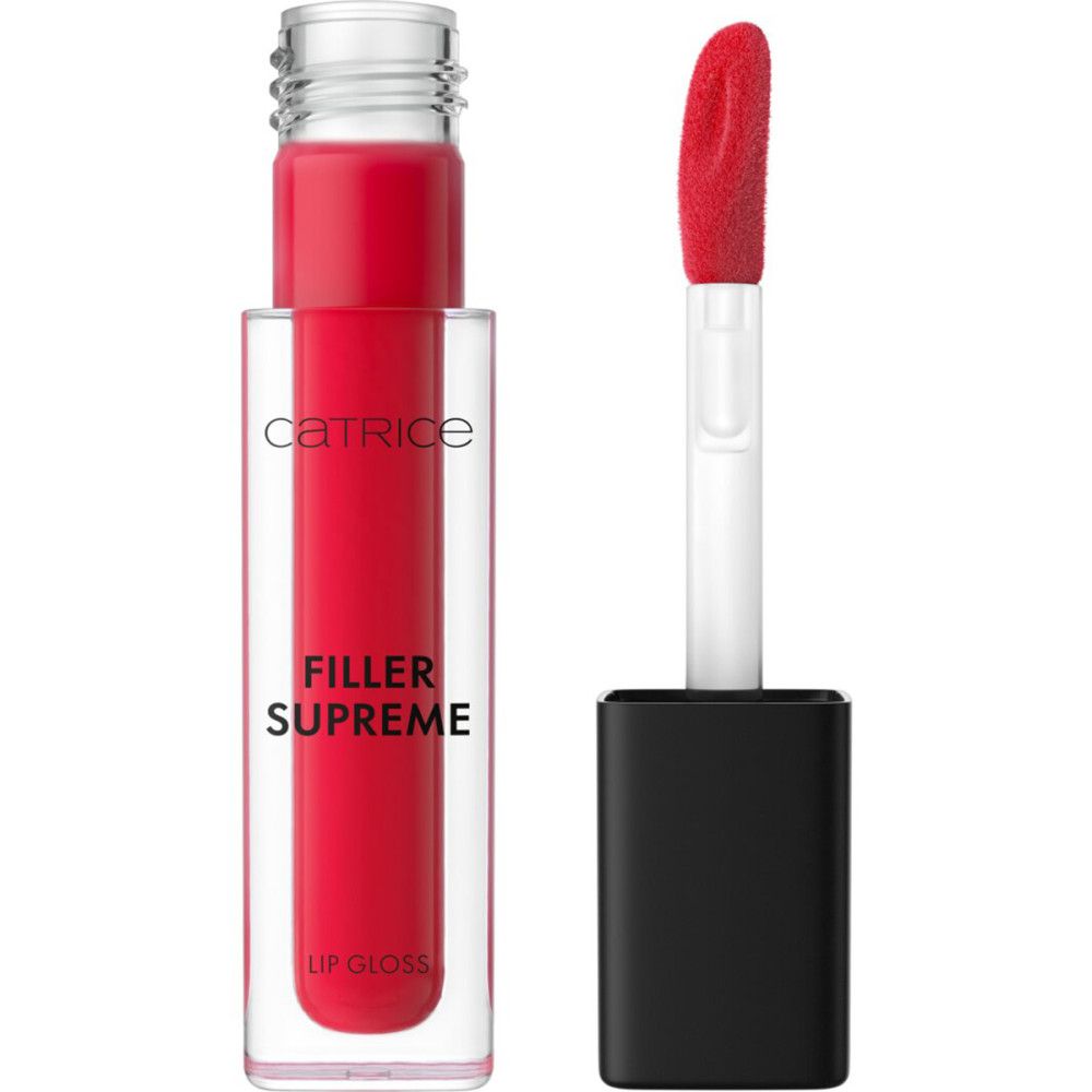 Catrice Lipgloss-Fläschchen mit Applikator. Rote Farbe. Schriftzug: Catrice, Filler Supreme, Lip Gloss.