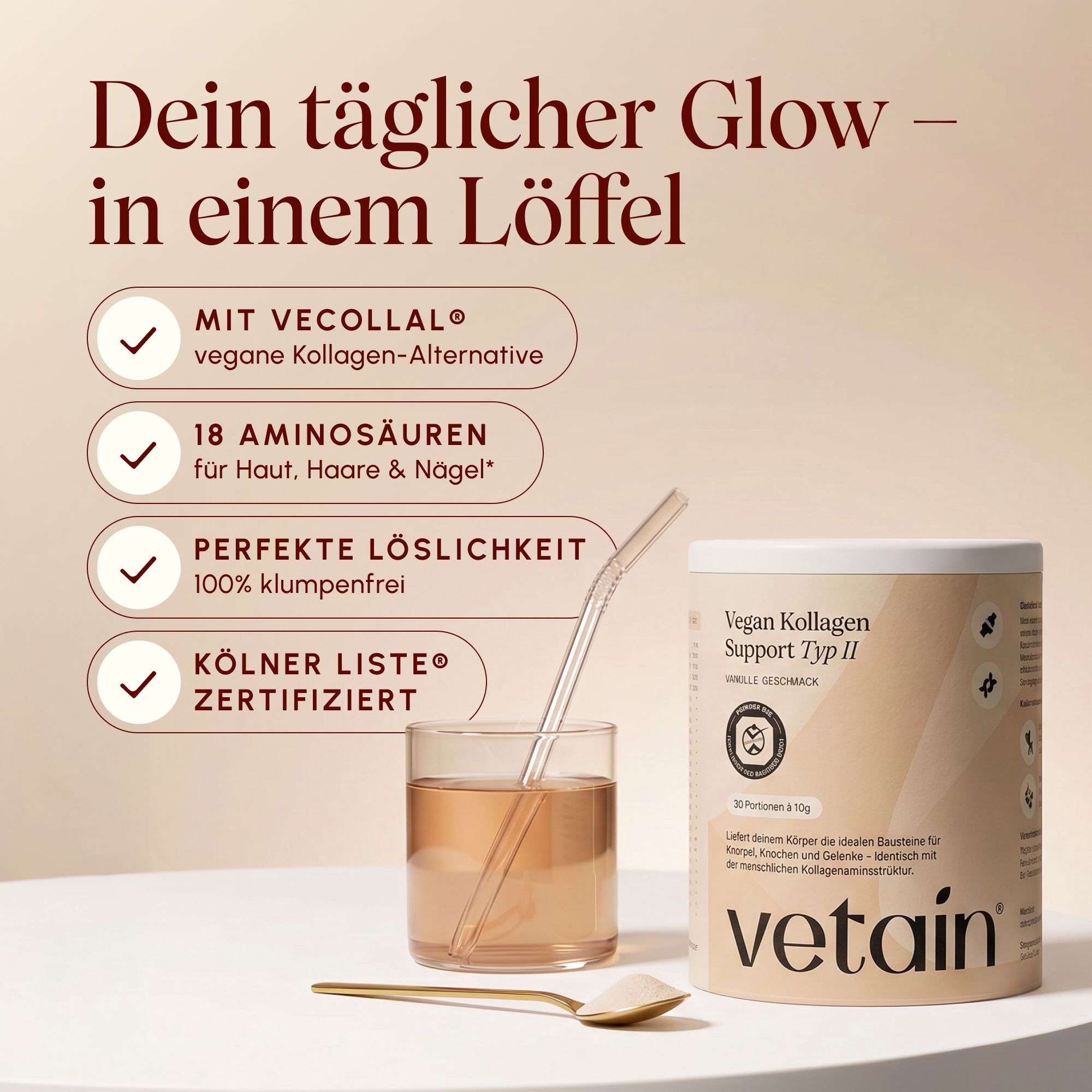 VETAIN Kollagenpulver Vegan - Mit VeCollal®, Vitamin C, Zink & Biotin - Für Haut, Haare & Nägel