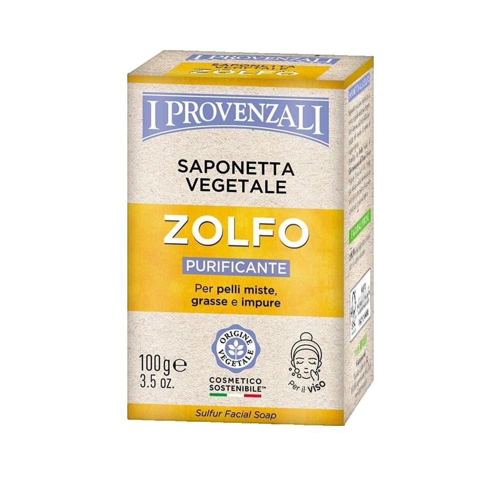 Gelbe Seife in Kartonverpackung. Text: Zolfo, purificante, 100g, Cosmetico Sostenibile. Für Mischhaut.