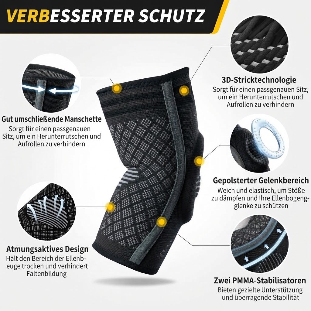 Schwarze Ellbogenbandage mit Polsterung und Stabilisatoren.