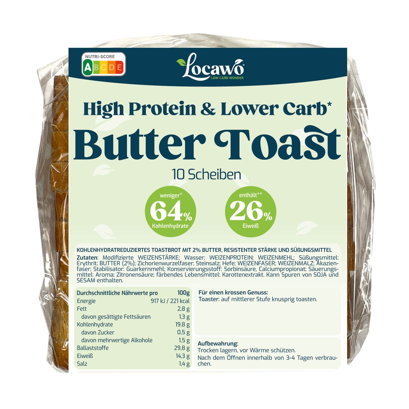 Locawo High Protein & Low Carb Butter Toast, 10 Scheiben, Nährwertangaben und Zutaten auf der Verpackung.