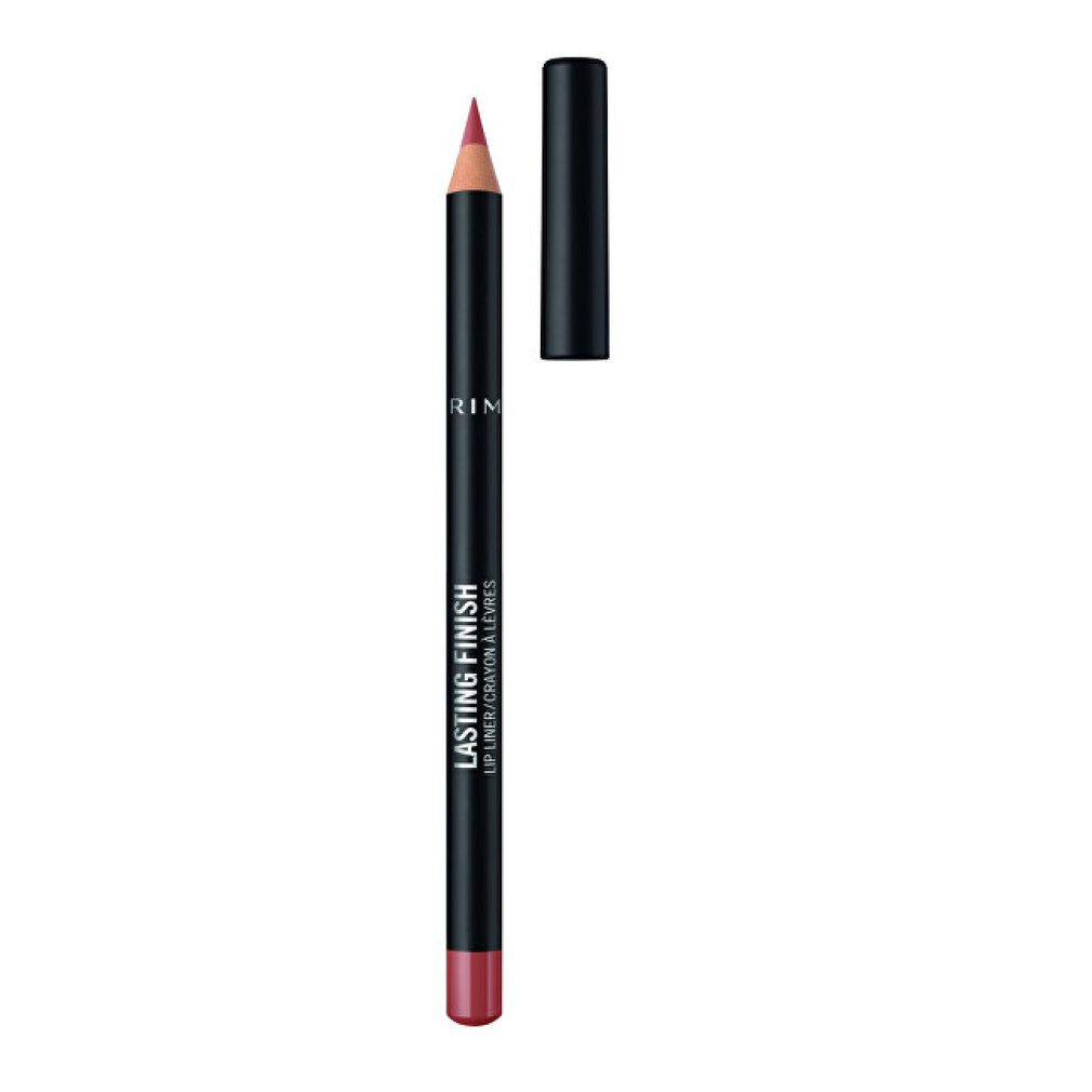 Lipliner-Stift mit abgenommener Kappe. Schwarzer Schaft mit weißer Schrift. Rote Mine. Aufschrift: LASTING FINISH LIP LINER/CRAYON À LÈVRES.