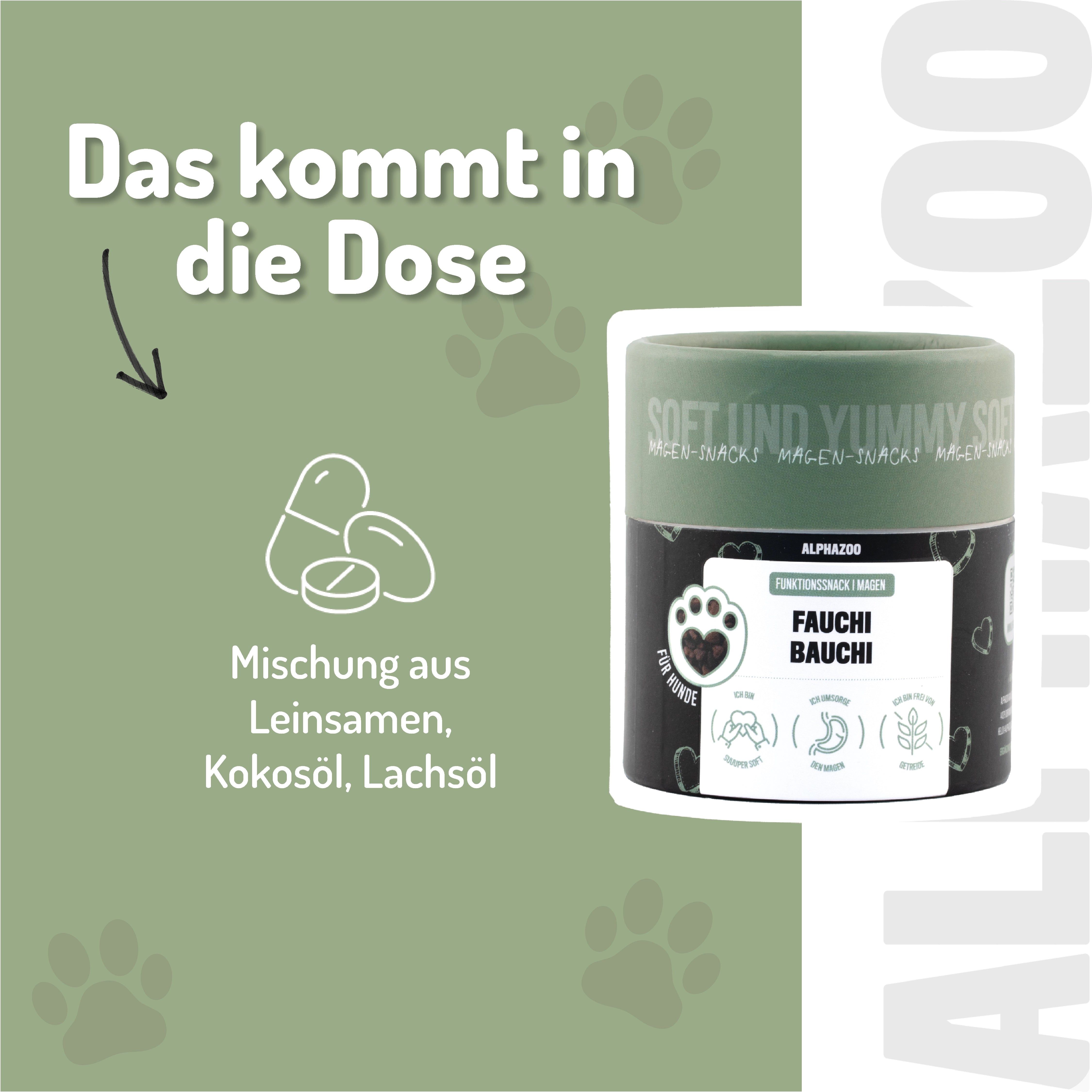 Dose mit Snacks. Text: Das kommt in die Dose. Illustration von Zutaten: Leinsamen, Kokosöl, Lachsöl.