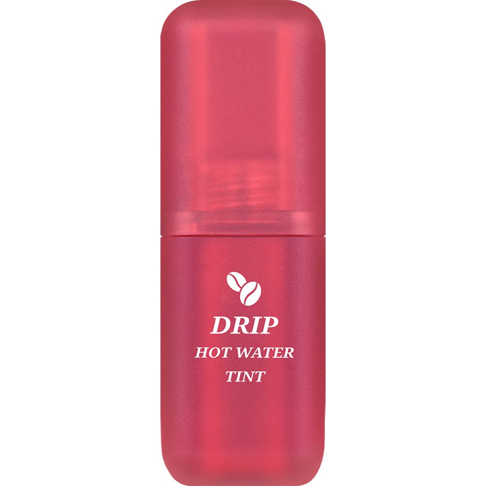 Roter Lip Tint. Zylindrische Form mit Deckel. Aufschrift: Drip Hot Water Tint. Kaffeebohnen-Symbol.
