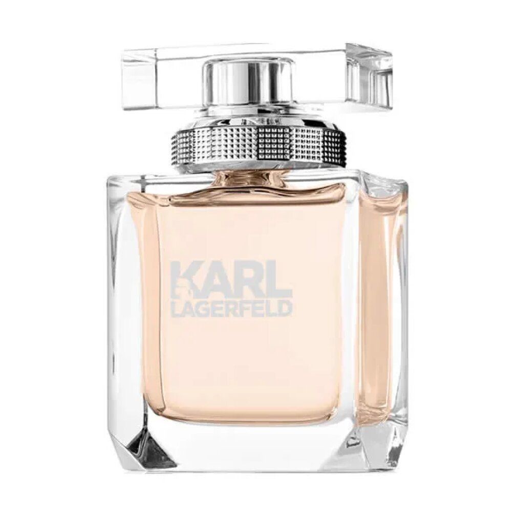 Eau de Parfum Spray. Quadratischer, transparenter Flakon mit silbernem Verschluss. Text: KARL LAGERFELD.