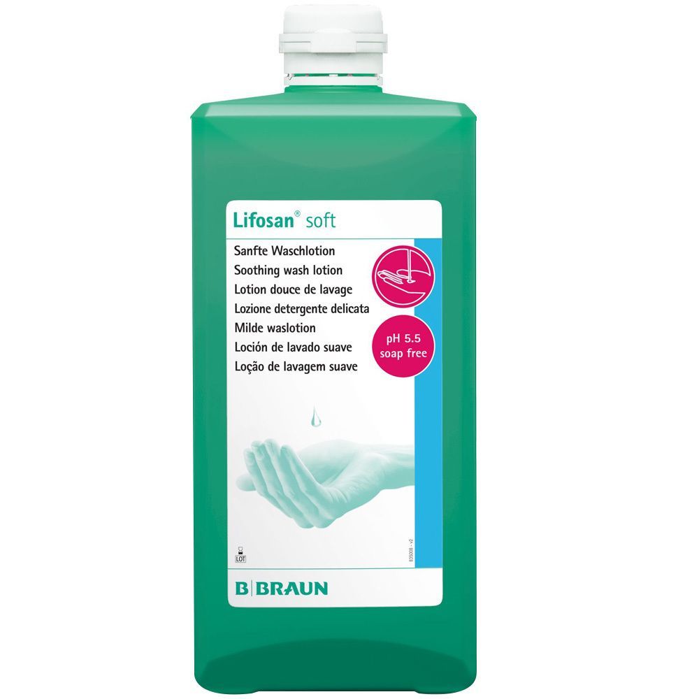 Grüne Flasche mit weißem Deckel. Aufschrift Lifosan soft, pH 5.5, seifenfrei. B. Braun Logo.