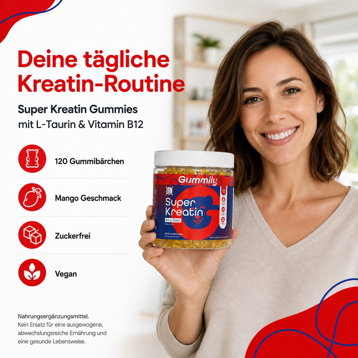 Frau hält einen Behälter Gummily Super Kreatin Gummibärchen, Mango Geschmack, zuckerfrei, vegan.