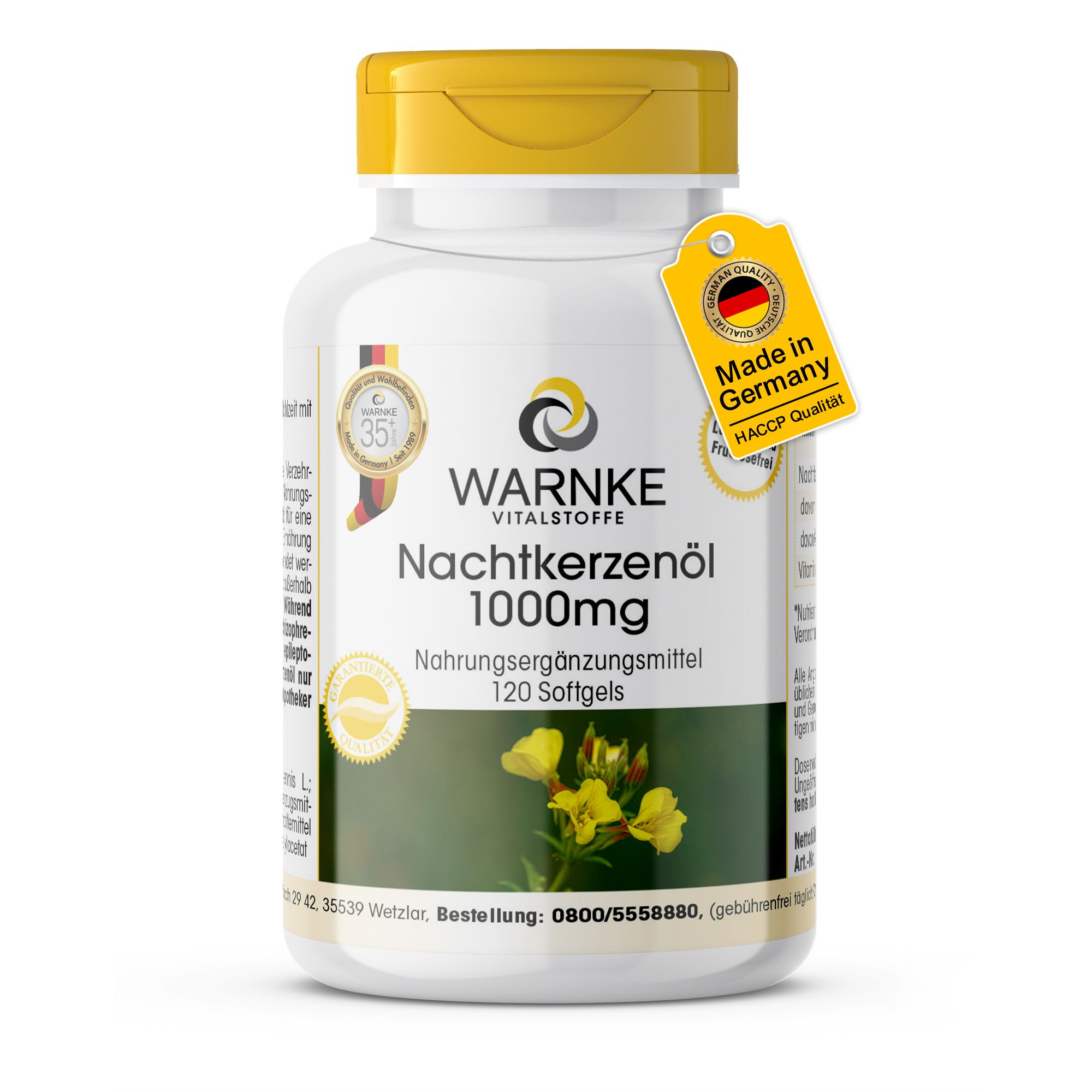 Weißes Pillenfläschchen mit gelbem Deckel. Aufschrift: Nachtkerzenöl 1000mg. Label: Made in Germany. 120 Softgels.