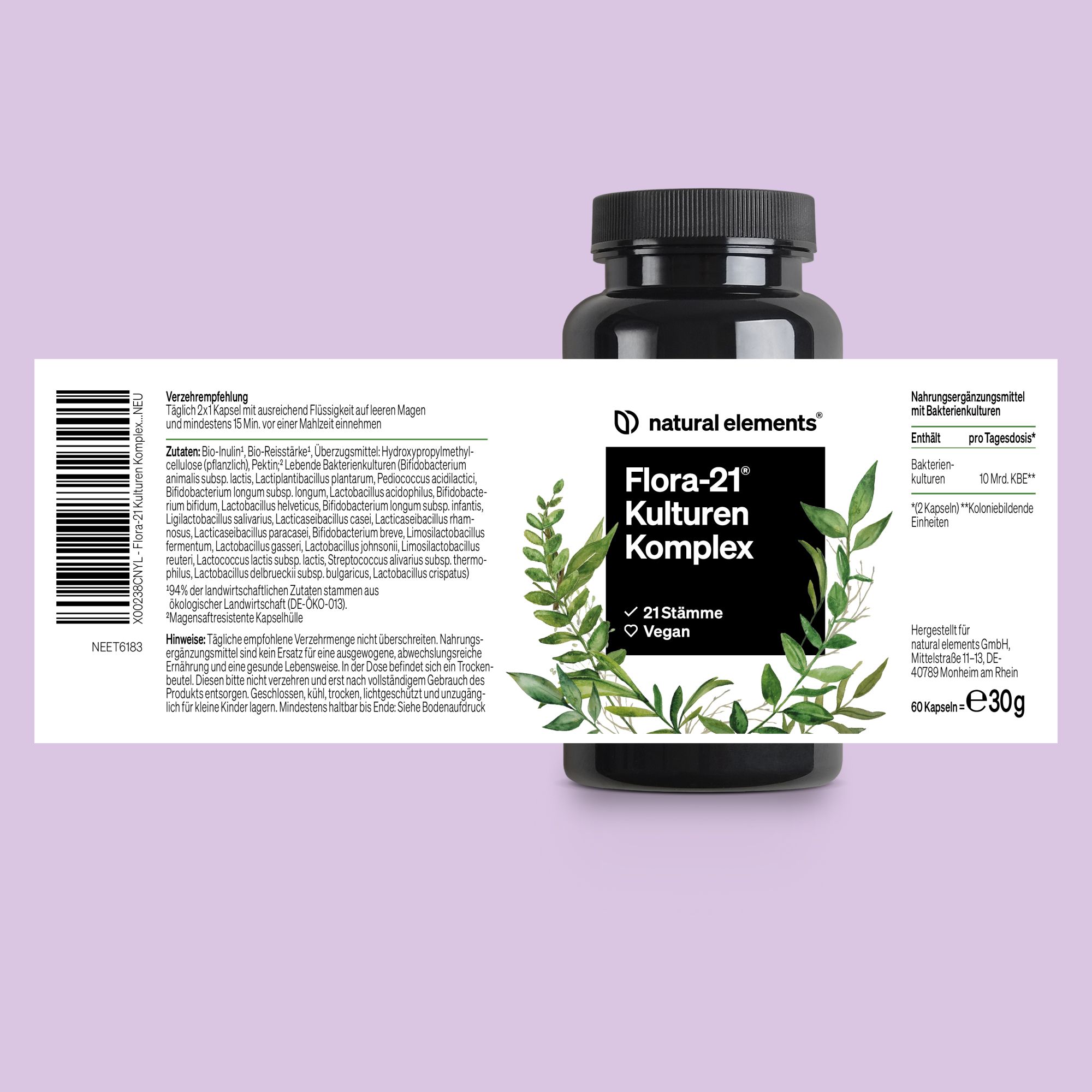 Produktflasche mit Etikett. Etikett mit Produktinformationen: Flora-21 Kulturen Komplex, 21 Stämme, Vegan. Inhaltsstoffe und Nährwertangaben.