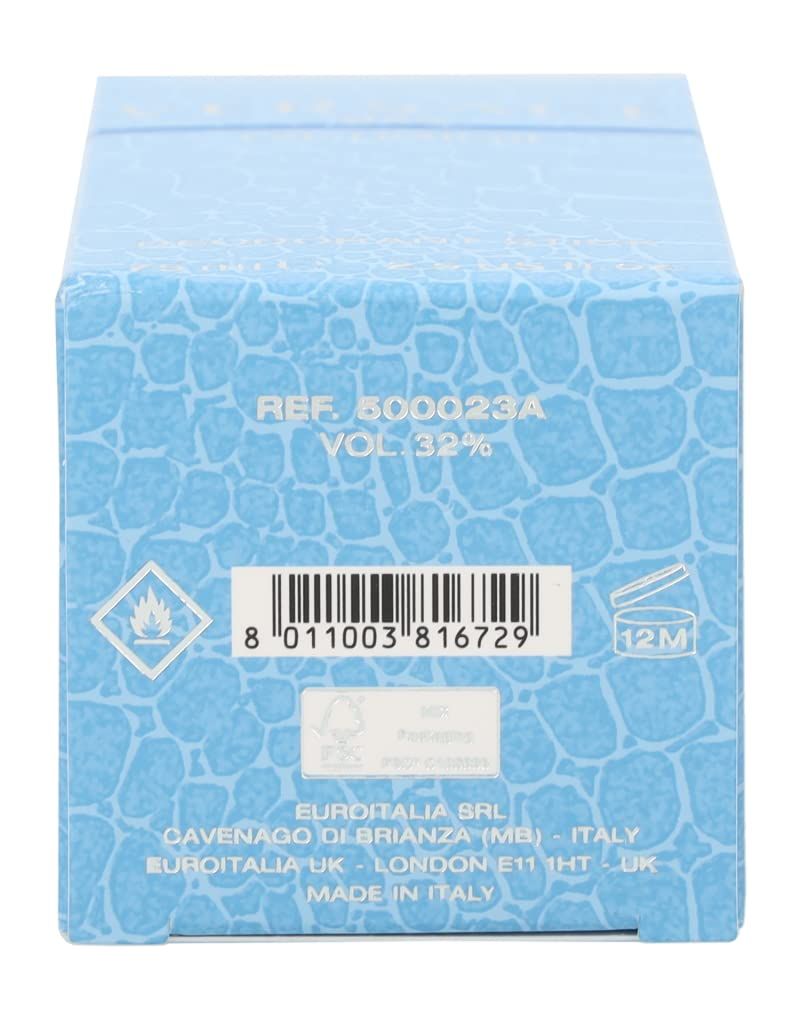 Rückseite einer hellblauen Schachtel. Aufschrift: REF. 500023A VOL. 32%. Barcode und andere Symbole.