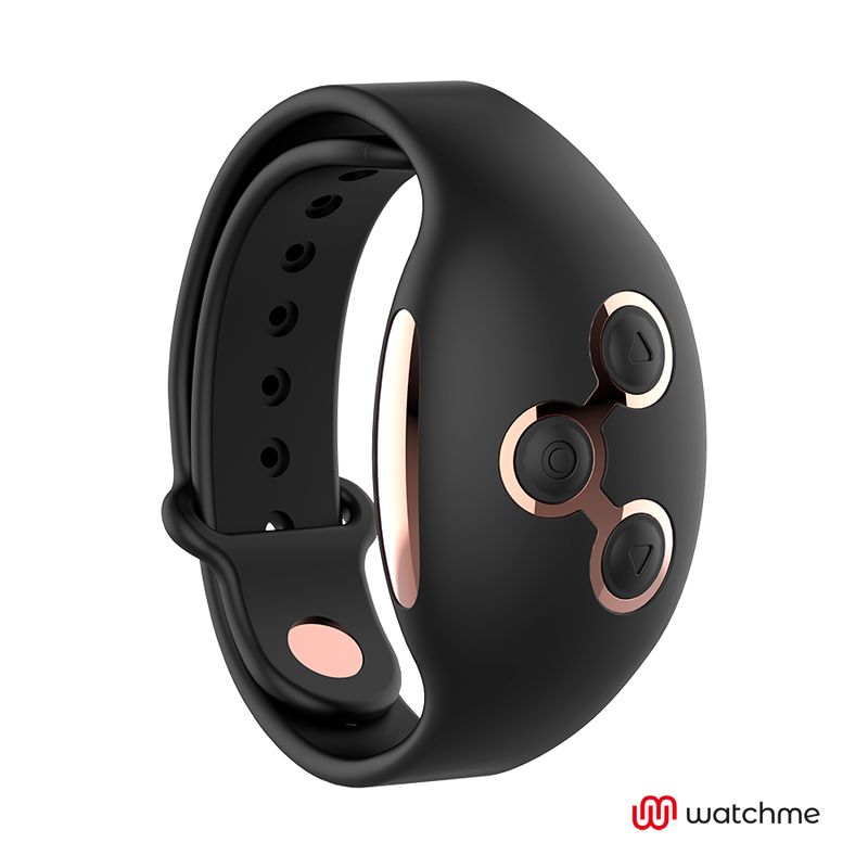 Schwarzes, armbandförmiges Gerät mit roségoldfarbenen Akzenten und drei Knöpfen. Logo "watchme".
