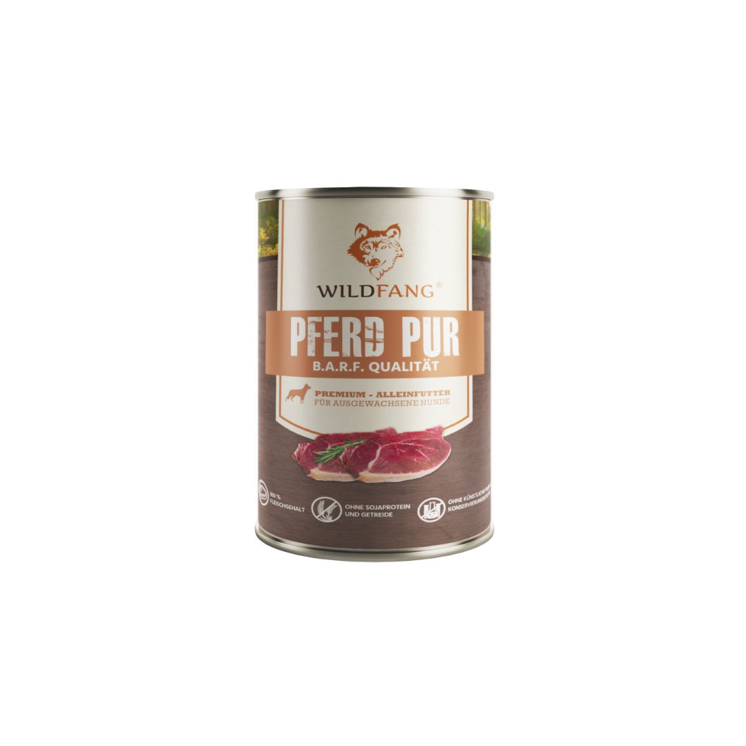 Dose Wildfang Pferd Pur, BARF-Qualität. Braune Dose mit Etikett, Text: Pferd Pur, Abbildung von Fleisch. Hintergrund weiß.