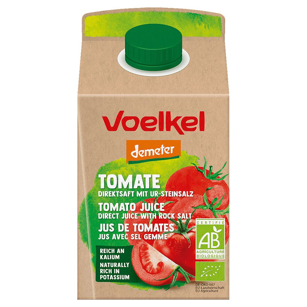 Kartonverpackung mit grünem Deckel. Aufschrift: Voelkel, Tomate, Direktsaft. Zertifizierung: AB Agriculture Biologique.