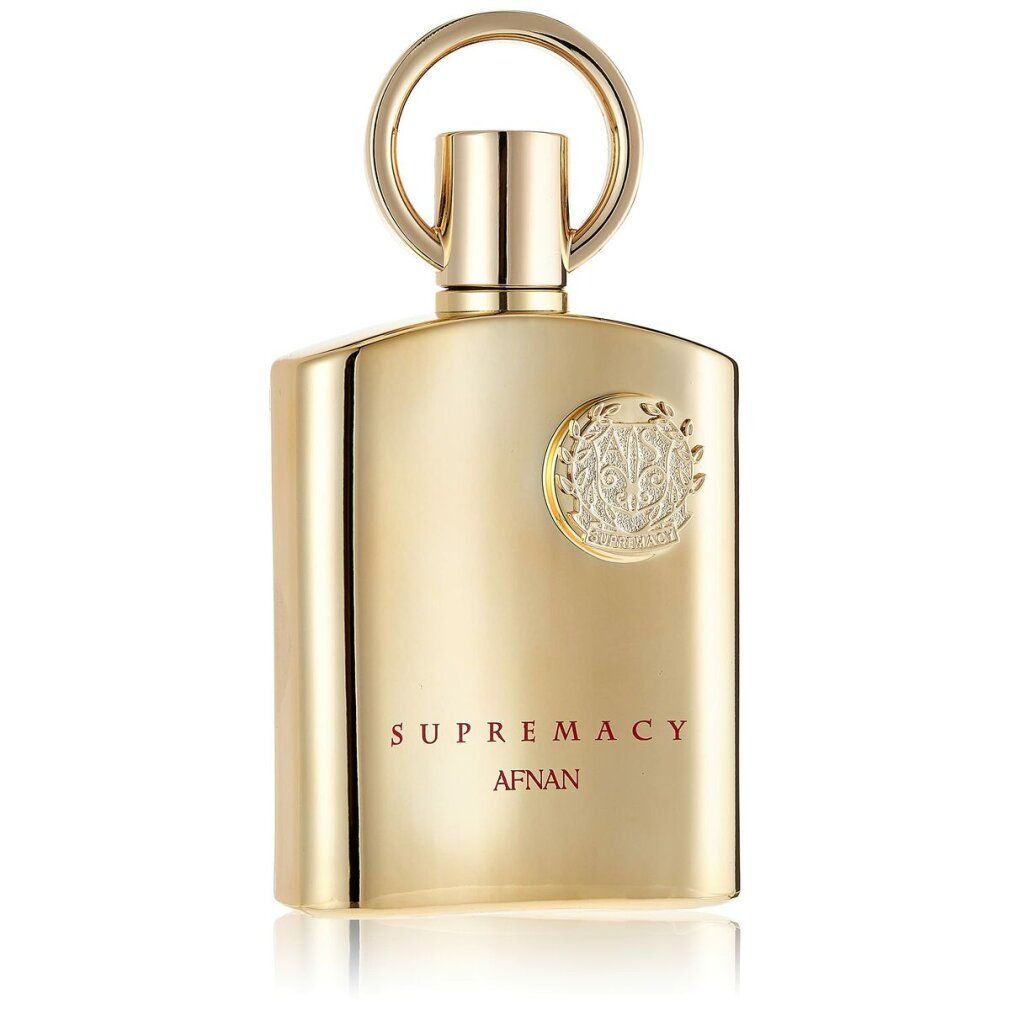Goldfarbene Parfümflasche mit silbernem Emblem und Ringverschluss. Text: SUPREMACY AFNAN.