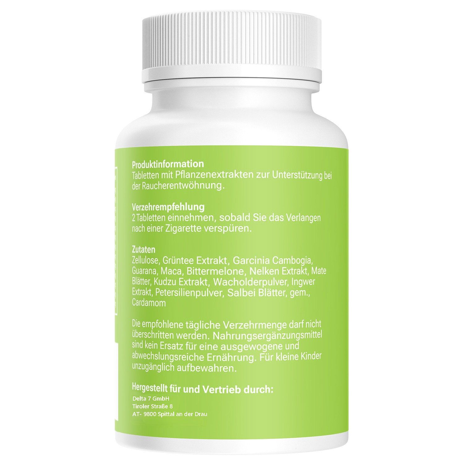 Rückseite einer weißen Flasche mit grünem Etikett. Text: Produktinformationen, Verzehrempfehlung, Zutaten. Herstellerinformationen.