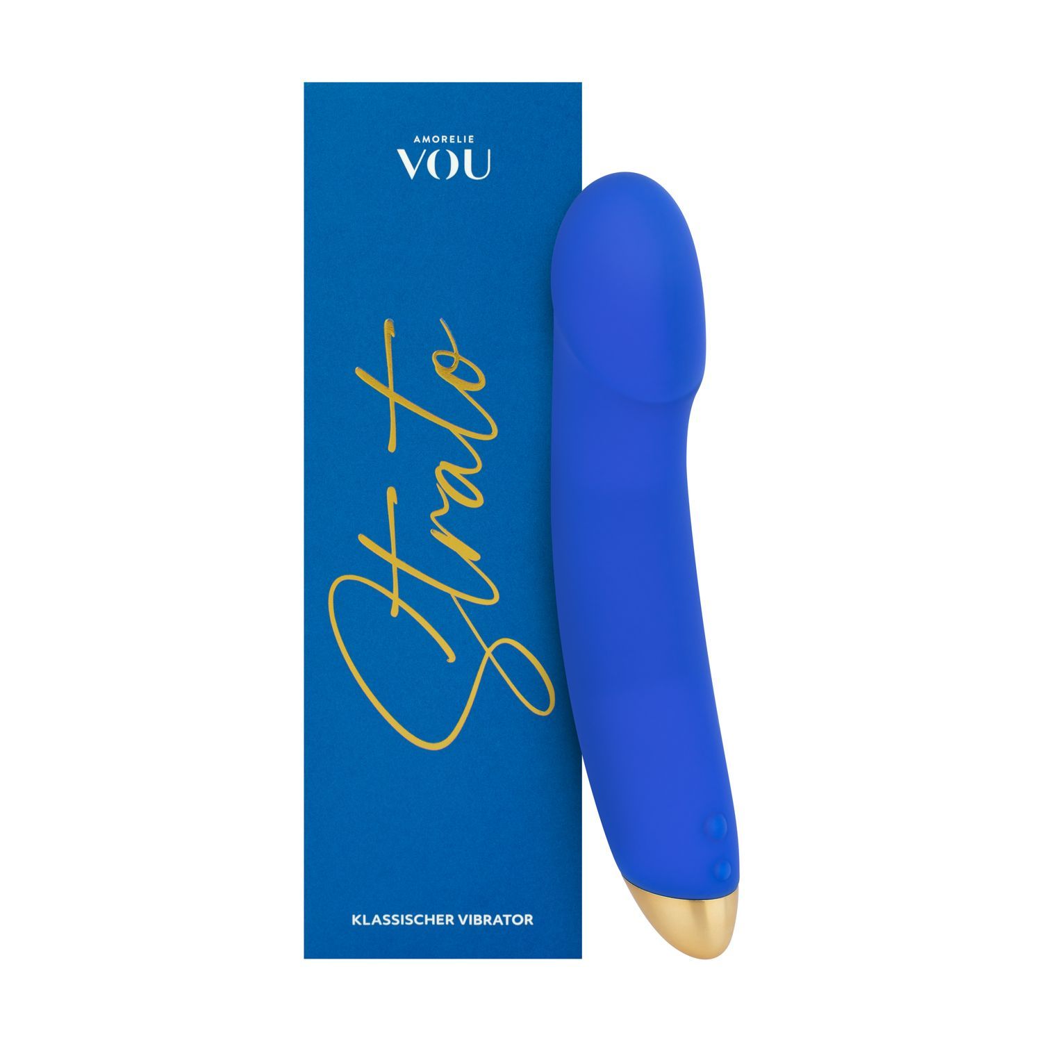 Blauer Vibrator mit goldfarbenem Ende und Verpackung. Auf der Verpackung steht "Strato" und "Klassischer Vibrator".