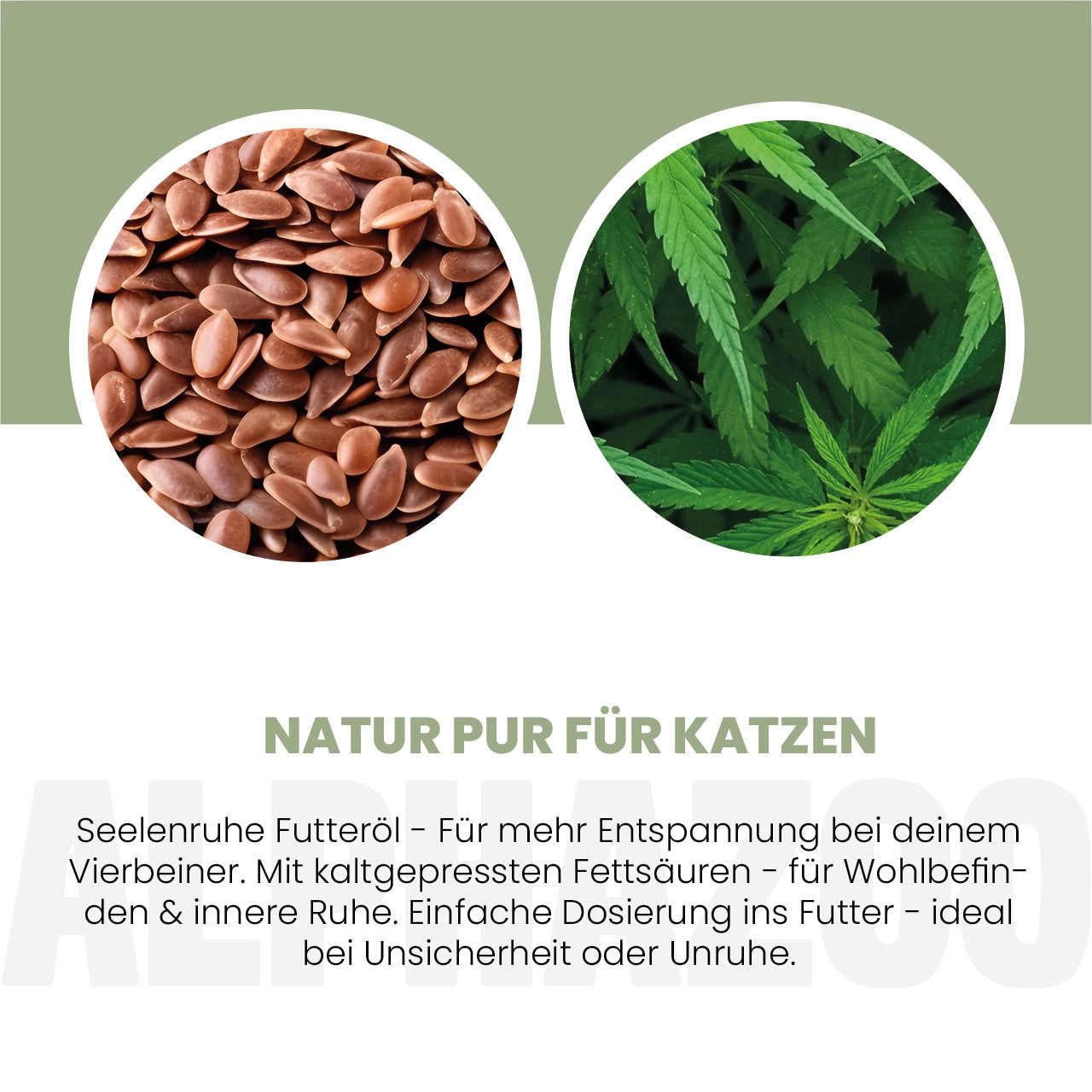 Kreisförmige Abbildungen von Leinsamen und Hanfblättern. Text: NATUR PUR FÜR KATZEN. Text über Futteröl für Entspannung.