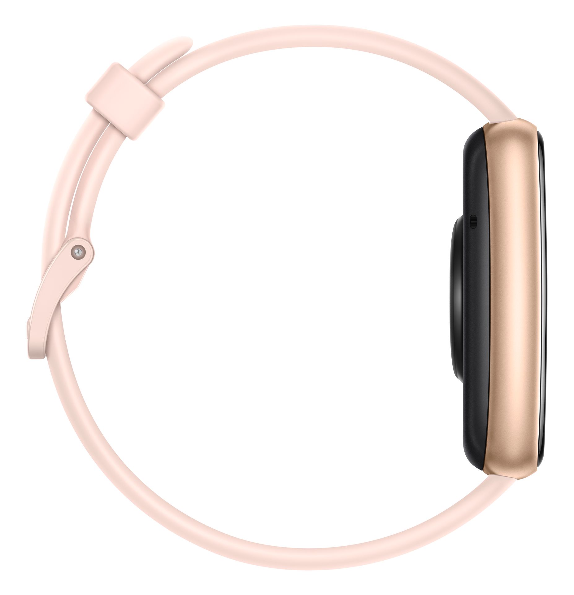 Smartwatch-Gehäuse in Gold mit schwarzem Display und rosa Armband. Seitenansicht.