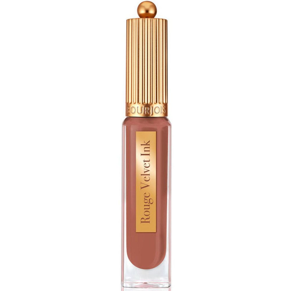 Bourjois Rouge Velvet Ink Lippenstift, Farbton 05 Pralinette, in goldener Verpackung.