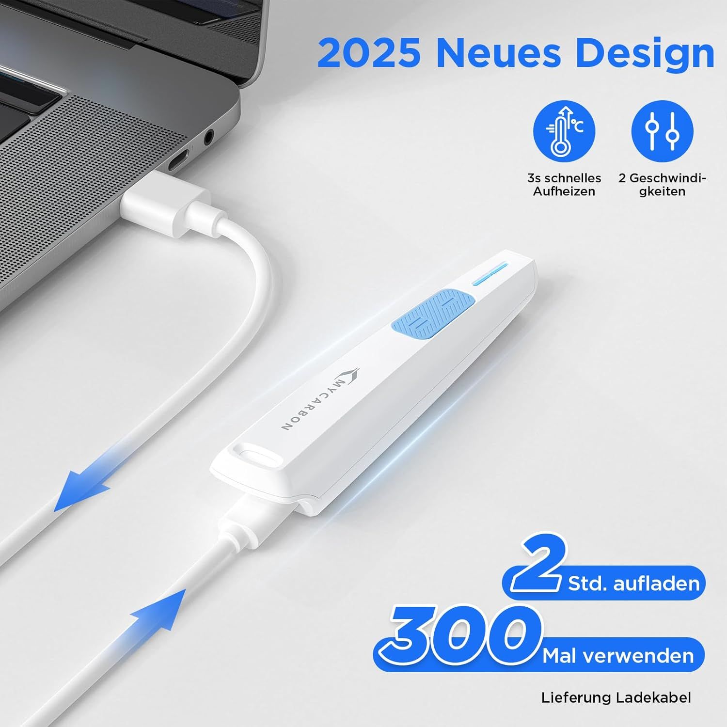 Weißer Insektenstichheiler, verbunden mit einem Laptop über ein weißes USB-Kabel. Text: 2025 Neues Design, 2 Std. aufladen, 300 Mal verwenden.