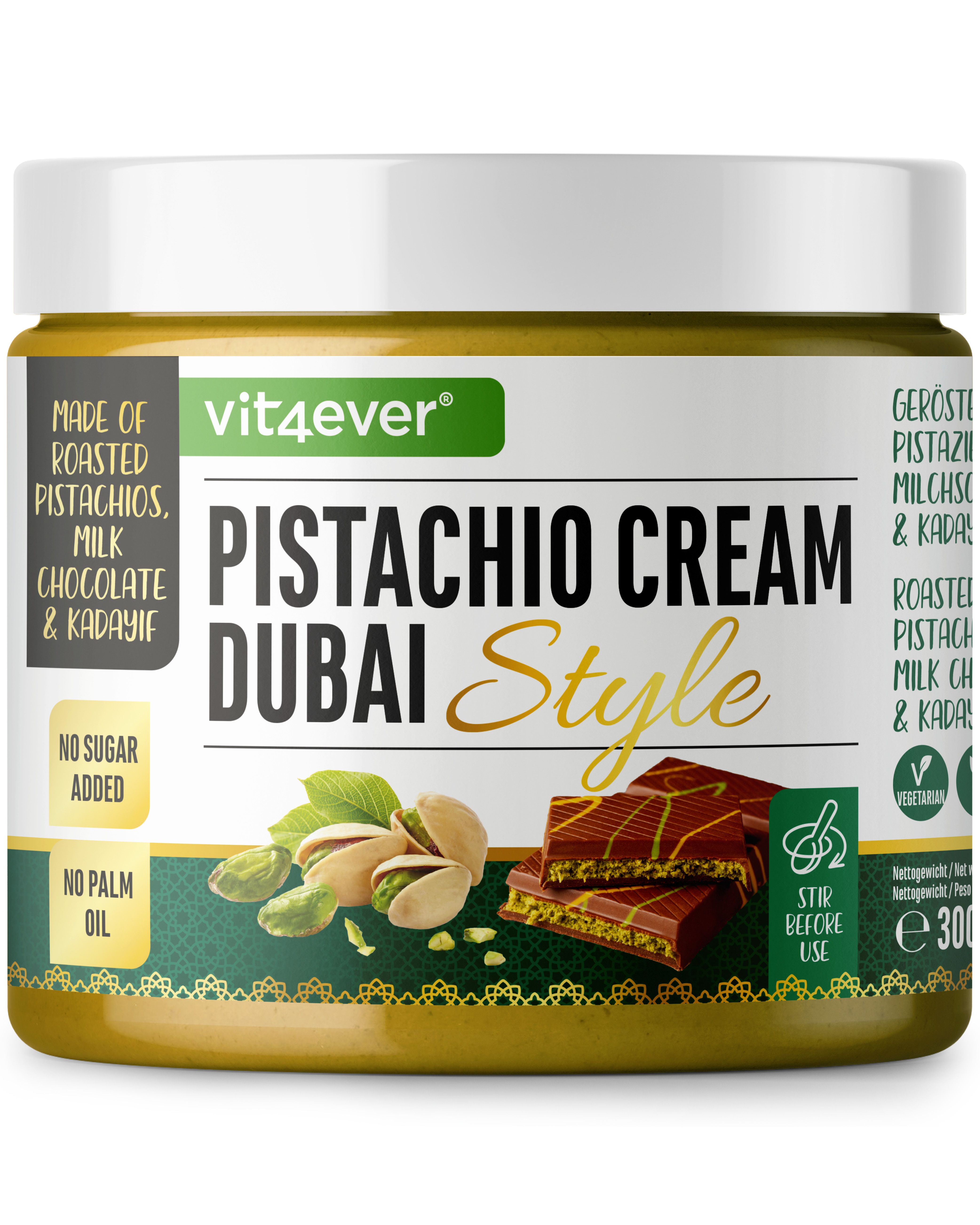 Glas mit Pistaziencreme Dubai Style von vit4ever. Enthält geröstete Pistazien, Milchschokolade und Kadayif. Aufschrift: "No Sugar Added" und "No Palm Oil".