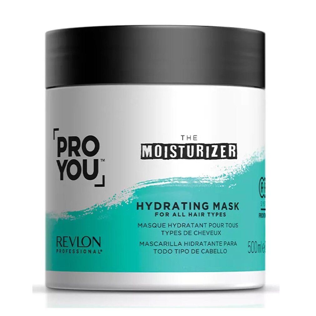 Weißer Tiegel mit schwarzem Deckel. Aufschrift: PRO YOU, THE MOISTURIZER, HYDRATING MASK. Revlon Professional. 500ml.