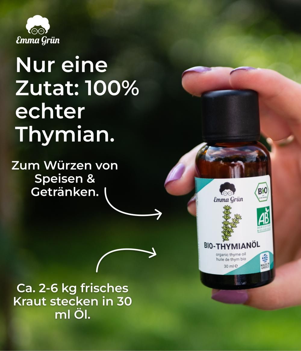 Braune Flasche mit Etikett, gehalten von einer Hand. Text: Nur eine Zutat: 100% echter Thymian. 30 ml Öl.