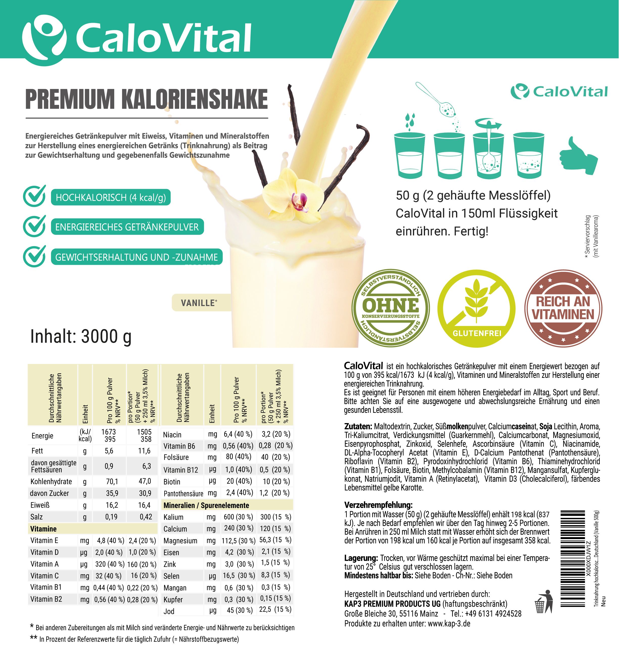 CaloVital Kalorien Shake 3kg  | Hochkalorische Trinknahrung für Gewichtszunahme