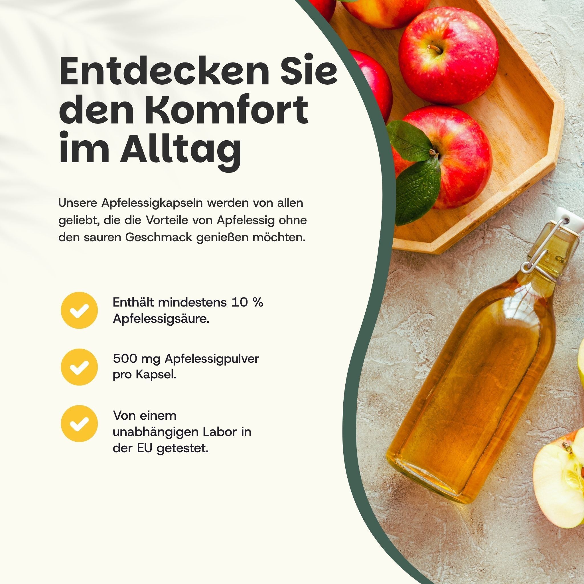 Glasflasche mit Flüssigkeit, Äpfel und Informationen. Text: 500 mg Apfelessig-Pulver pro Kapsel.