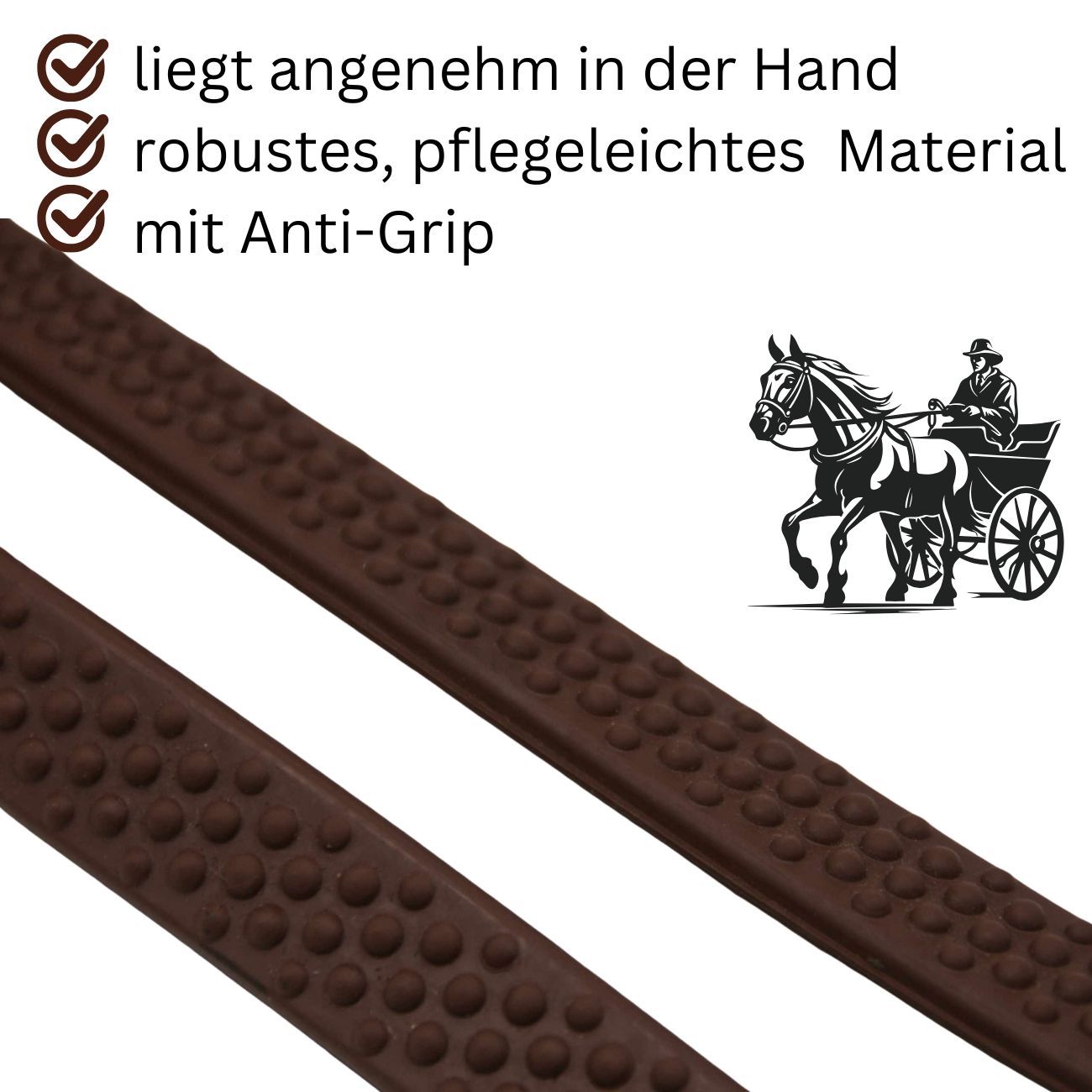 Braune AMKA Einspännerleine mit Anti-Grip-Oberfläche. Robustes, pflegeleichtes Material. Text: liegt angenehm in der Hand.