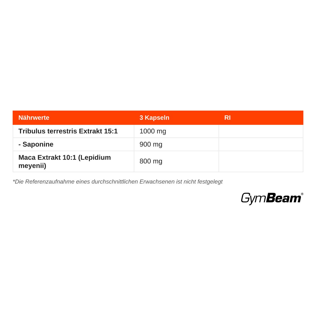 Nährwerttabelle für GymBeam Tribulus + Maca: 1000mg Tribulus, 900mg Saponine, 800mg Maca pro 3 Kapseln.