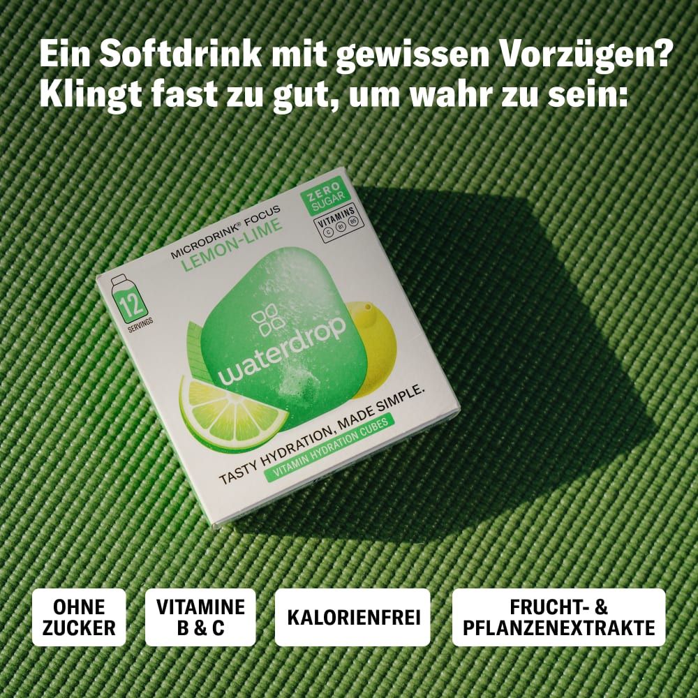 Packung waterdrop® Microdrink Lemon Lime mit Aufschrift 'Ohne Zucker', 'Vitamine B & C', 'Kalorienfrei'.