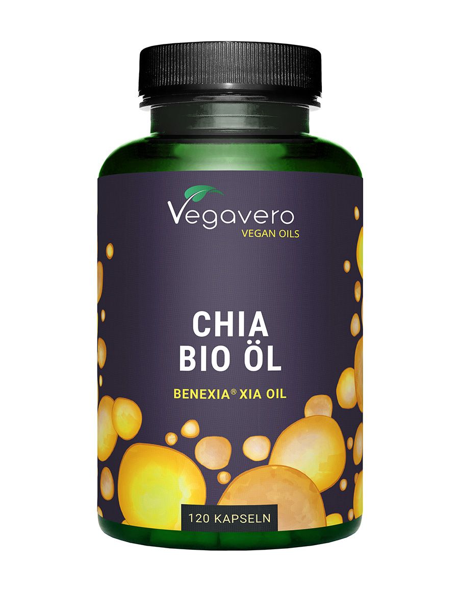 Grüne Flasche mit schwarzen Deckel. Aufschrift: Chia Bio Öl. 120 Kapseln. Vegavaro Logo.