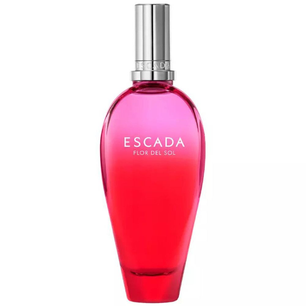 Rosa-roter Escada Flor del Sol Flakon. Silberner Verschluss. Aufdruck: Escada, Flor del Sol. Eau de Toilette.